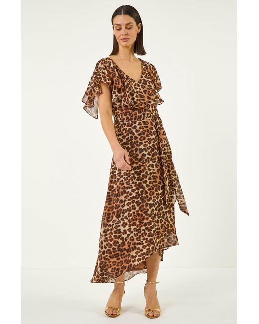 Roman Natural Animal Print Wrap Chiffon Midi Dress