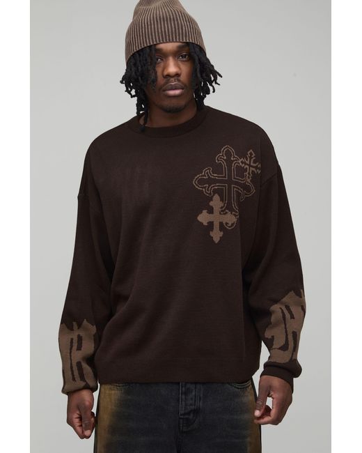 BoohooMAN Brown Tall Oversized Boxy Cross Graphic Knitted Jumper for men