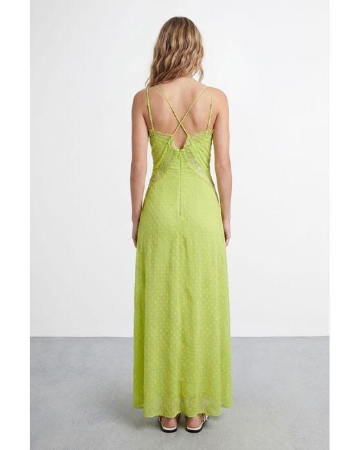 Warehouse Green Dobby Chiffon Lace Cutwork Maxi Dress