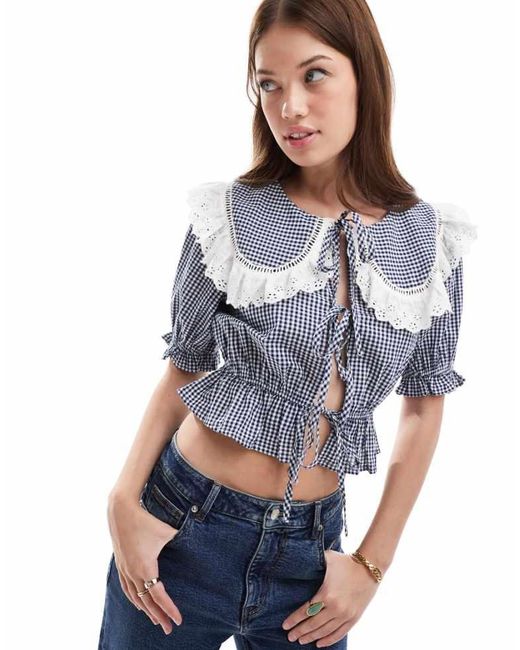 Miss Selfridge Blue Collared Tie Front Blouse