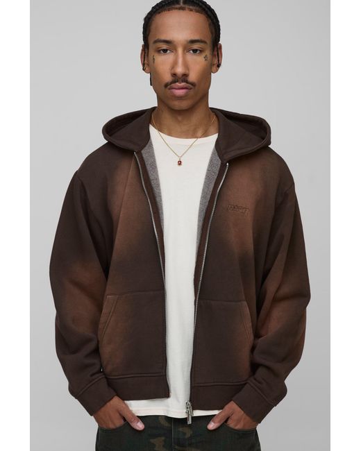 BoohooMAN Brown Oversized Boxy Spray Wash Embroidered Double Ended Zip Through Hoodie for men