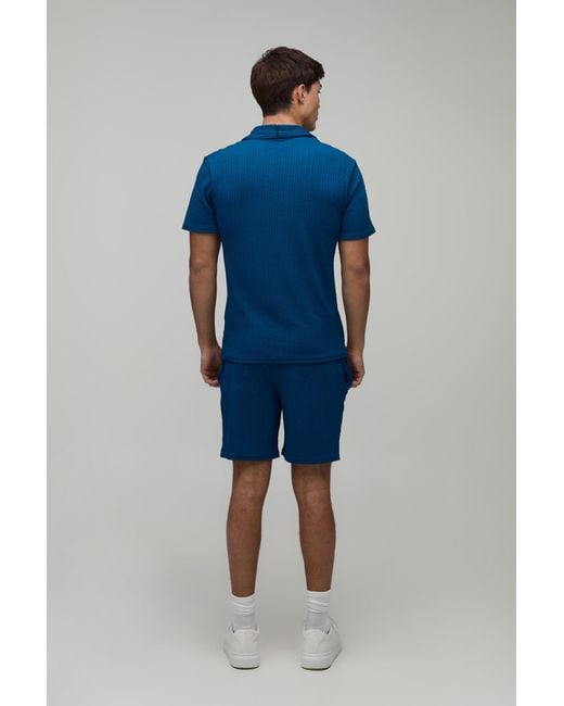 BoohooMAN Blue Jersey Textured Ribbed Slim Fit Polo & Relaxed Short Set for men