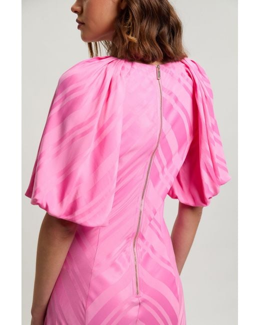 Karen Millen Pink Stripe Fabric Detail Fluid Short Sleeve Midi Dress