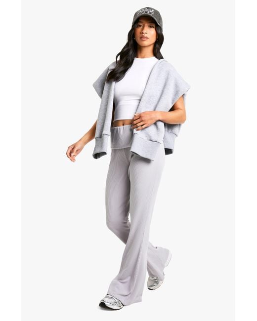 Boohoo White Petite Fold Over Waistband Soft Rib Flare Trouser