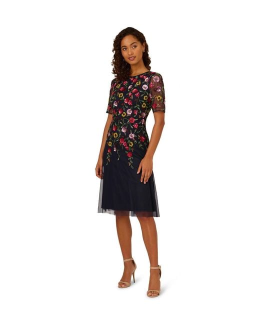 Adrianna Papell Blue Bead Mesh Midi Dress