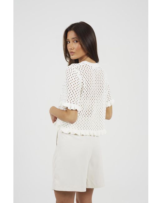 Brave Soul White Open Knit T Shirt With Frill Hem