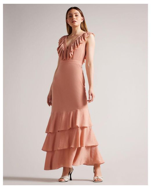 Ted Baker Pink Ashleih Crinkle Crepe Maxi Dress With Ruffle