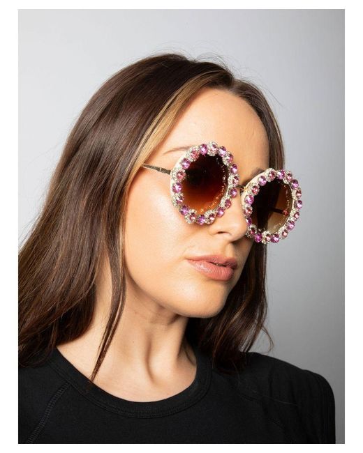 SVNX Gray Round Floral Crystal Gem Sunglasses
