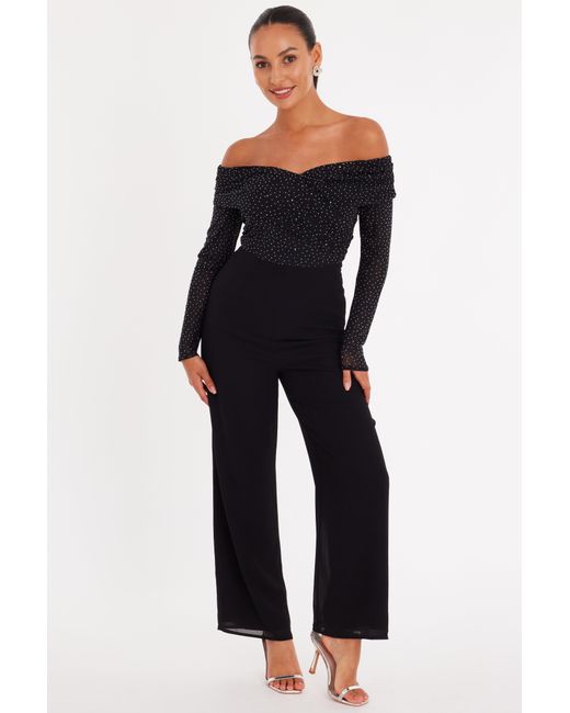 Quiz Blue Petite Diamante Bardot Jumpsuit