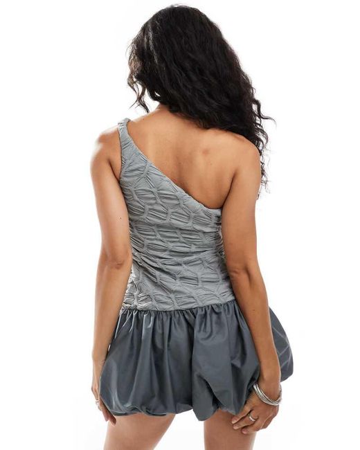 ASOS Gray One Shoulder Hybrid Puffball Mini Dress With Textured Rib Top