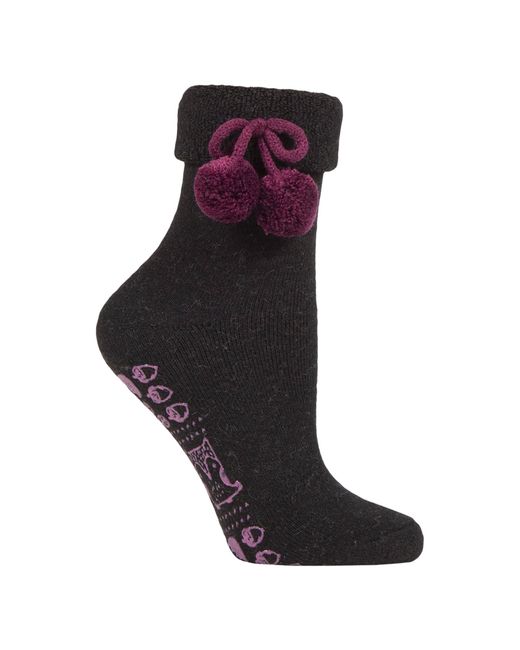 Elle Purple 1 Pair Ladies Wool Mix Slipper Socks With Pom Pom