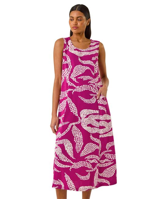 Roman Purple Leaf Print Shift Midi Dress
