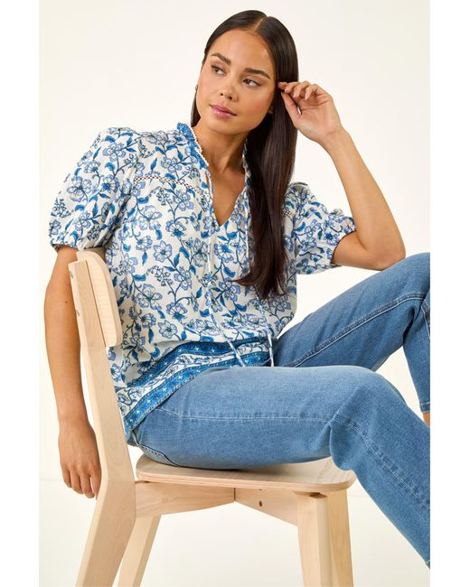 Roman Blue Petite Floral Border V-Neck Top