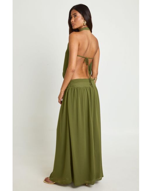 Boohoo Green Chiffon Ruched Drop Waist Halter Neck Maxi Dress