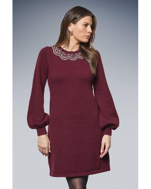 Wallis Red Embellished Neck Knitted Dress Viscose
