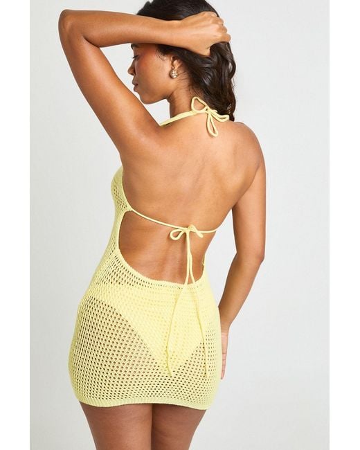 Boohoo Yellow Crochet Floral Corsage Halter Mini Dress