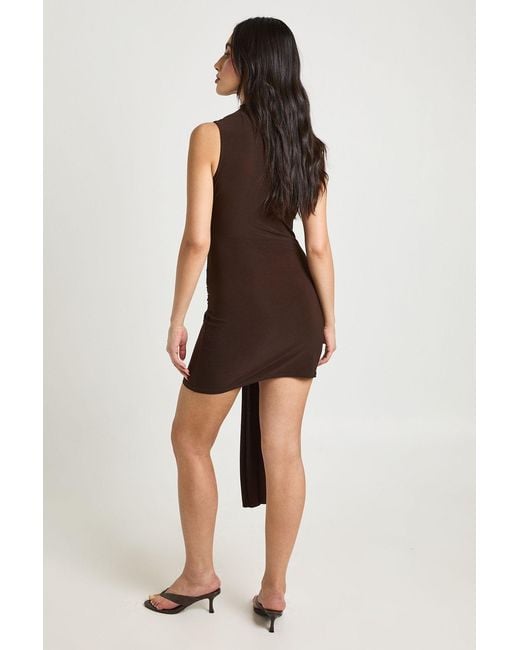 Boohoo Brown Slinky Sleevless Trim Wrap Waist Dress
