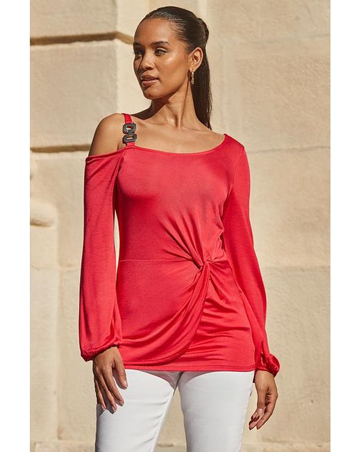 Sosandar Red Coral One Shoulder Twist Front Longline Top