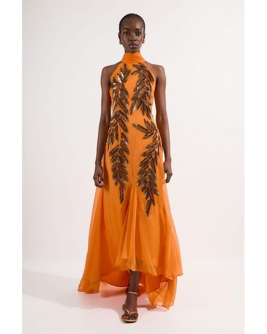 Karen Millen Orange Halter Neck Feather Sequin Detail Woven Maxi Dress