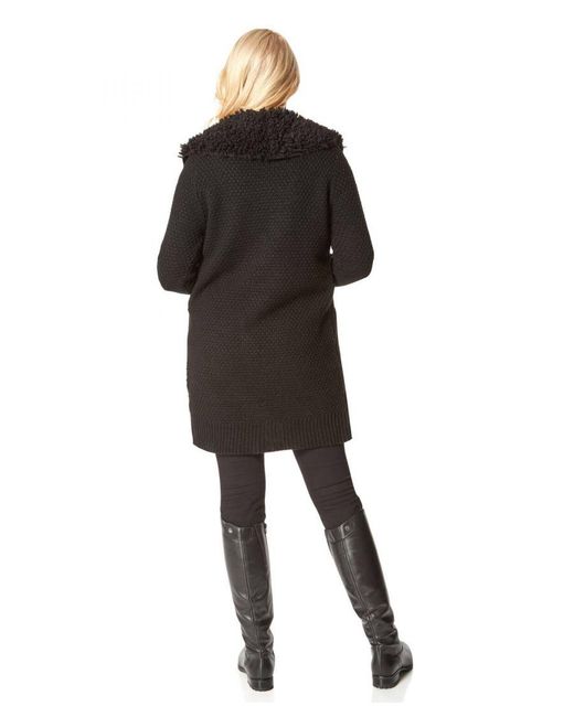 Roman Black Longline Faux Shearling Knit Coatigan