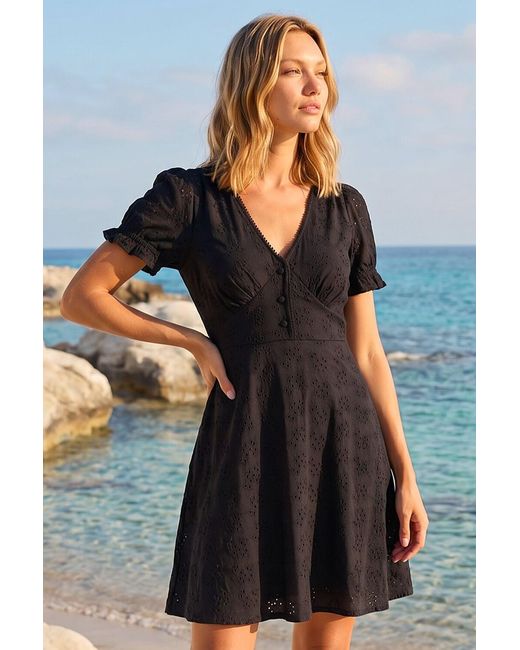 Roman Blue Embroidered Cotton Stretch Jersey Frill Dress