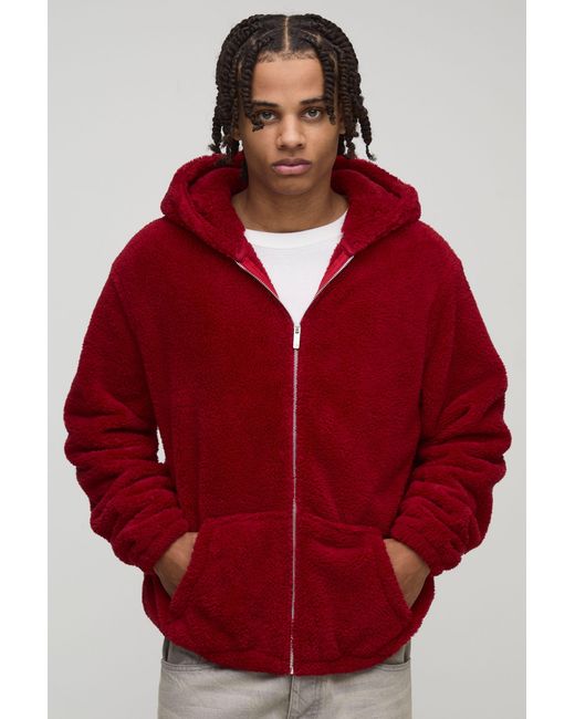 BoohooMAN Regular Fit Fluffy Borg Embroidered Zip Through Hoodie for men
