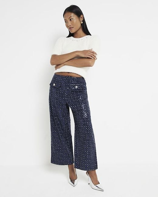 River Island Blue Petite Sequin Wide Leg Crop Jeans