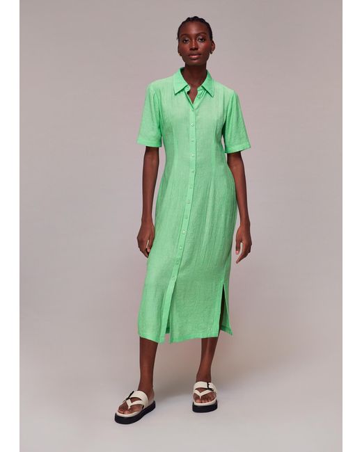 Whistles Millie Plisse Shirt Midi Dress in Green Lyst UK