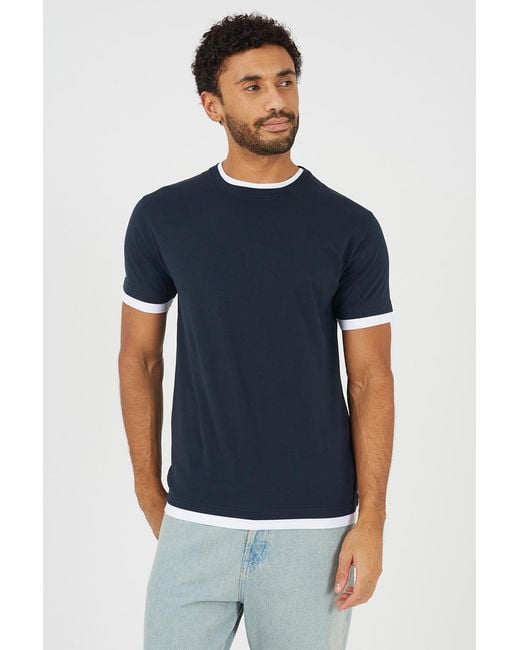Brave Soul Blue Cotton Contrast Trim T-Shirt for men