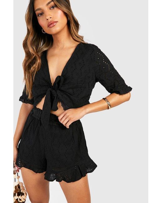 Boohoo Black Broderie Knot Top & Ruffle Hem Shorts