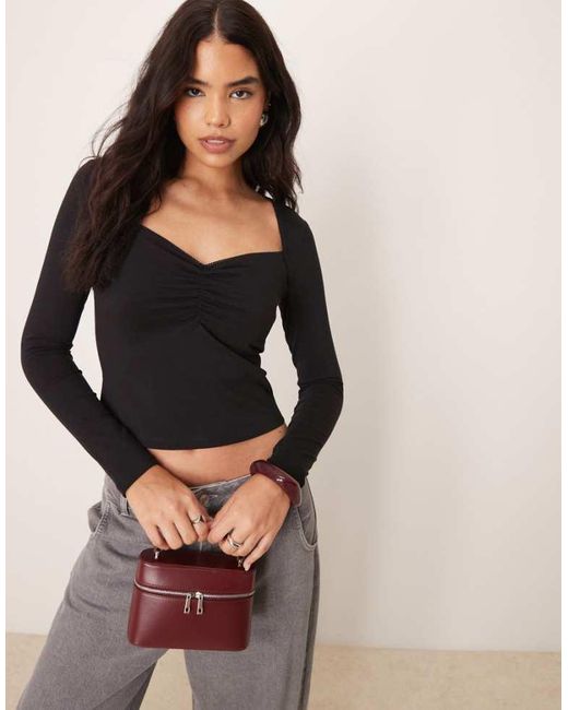 ASOS Black Sweetheart Long Sleeve Top With Ruching Detail