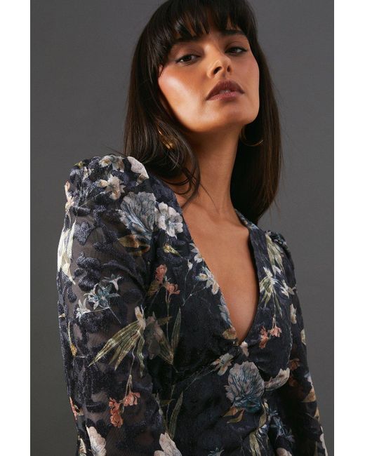 Warehouse Black Premium Printed Devore V Neck Midi Tea Dress