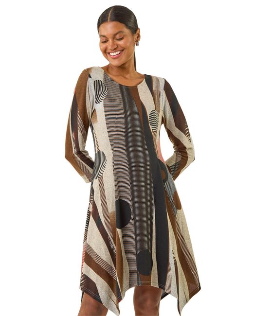 Roman Natural Geo Print Hanky Hem Stretch Dress