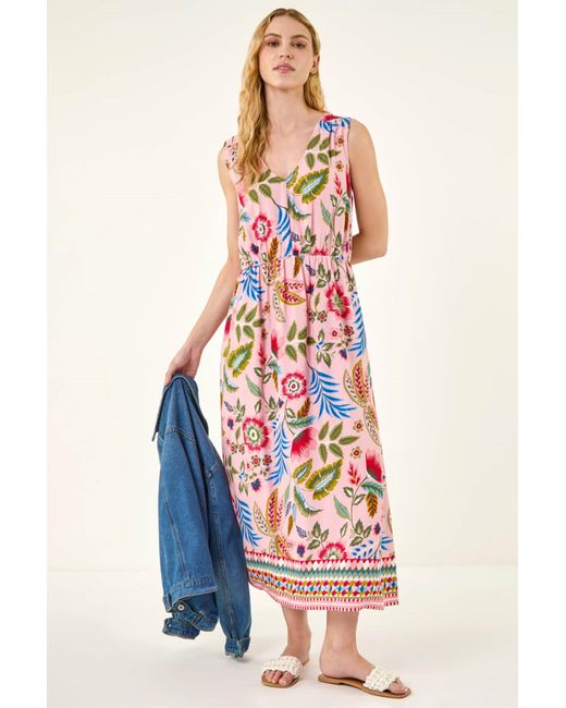 Roman White Tropical Floral Midi Dress