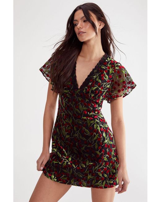 Nasty Gal Black Cherry Devore Lace Trim Open Back Mini Dress