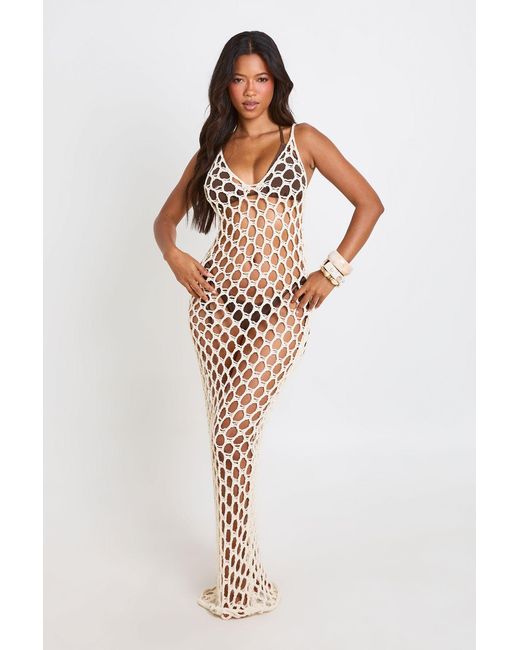 Boohoo Natural Open Knit Crochet Maxi Dress