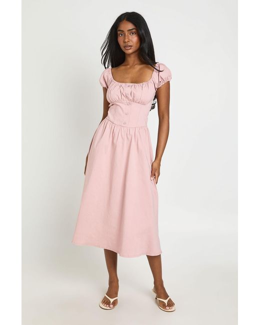Boohoo Pink Volume Sleeve Milkmaid Midaxi Dress