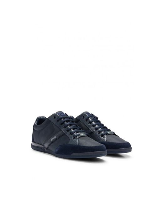 Boss Blue Saturn Low Profile Mixed Material Trainers With Suede And Faux Leather for men