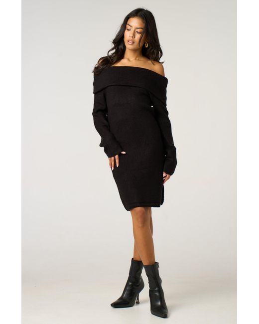 Femme Luxe Black Bardot Neckline Ribbed Knit Mini Dress