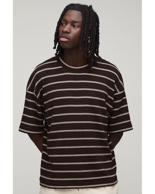 BoohooMAN Black Oversized Boxy Striped Waffle T-Shirt for men