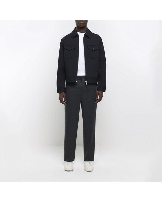 River Island Black Smart Trousers Tapered Fit Flannel Cotton for men