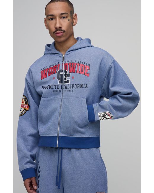 BoohooMAN Blue Collector's Edtn Shrunken Boxy Badged Pique Zip Thru Hoodie for men