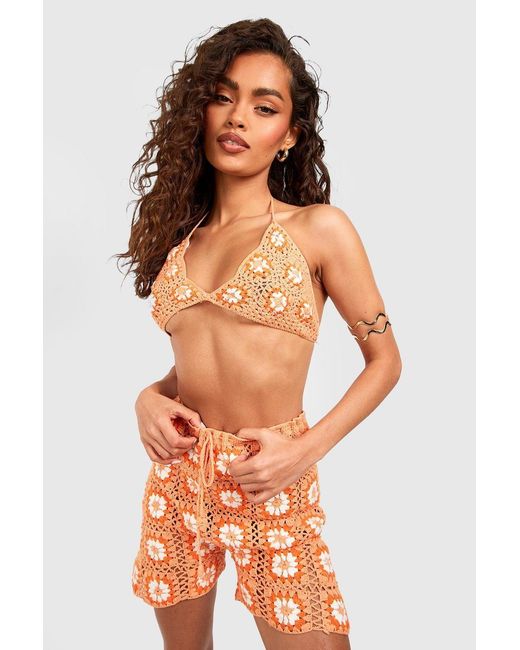 Boohoo Orange Premium Patchwork Crochet Triangle Bralet