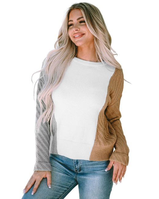 Everyday the Label White Colorblock Textured Drop Shoulder Sweater
