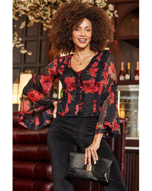 Sosandar Black Rose Print Flared Sleeve Blouse
