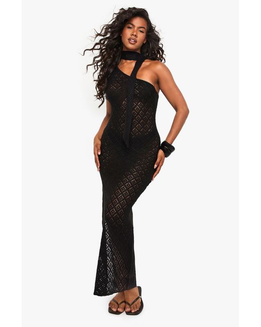Boohoo Black Crochet Knitted Asymmetric Shoulder Dress And Neck Tie