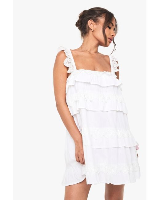 Boohoo Cotton Layered Ruffle Smock Mini Dress in White Lyst UK
