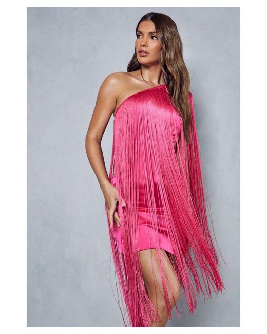 MissPap Pink Fringed Tassle One Shoulder Mini Dress