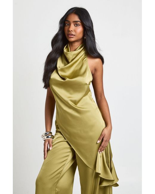 Boohoo Green Satin Cowl Neck Asym Hem Top