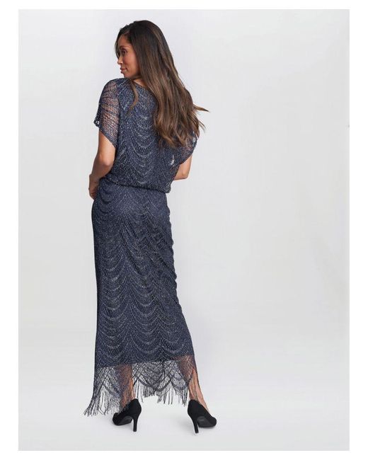 Gina Bacconi Blue Arleen Long Blouson Fringe Hem Dress
